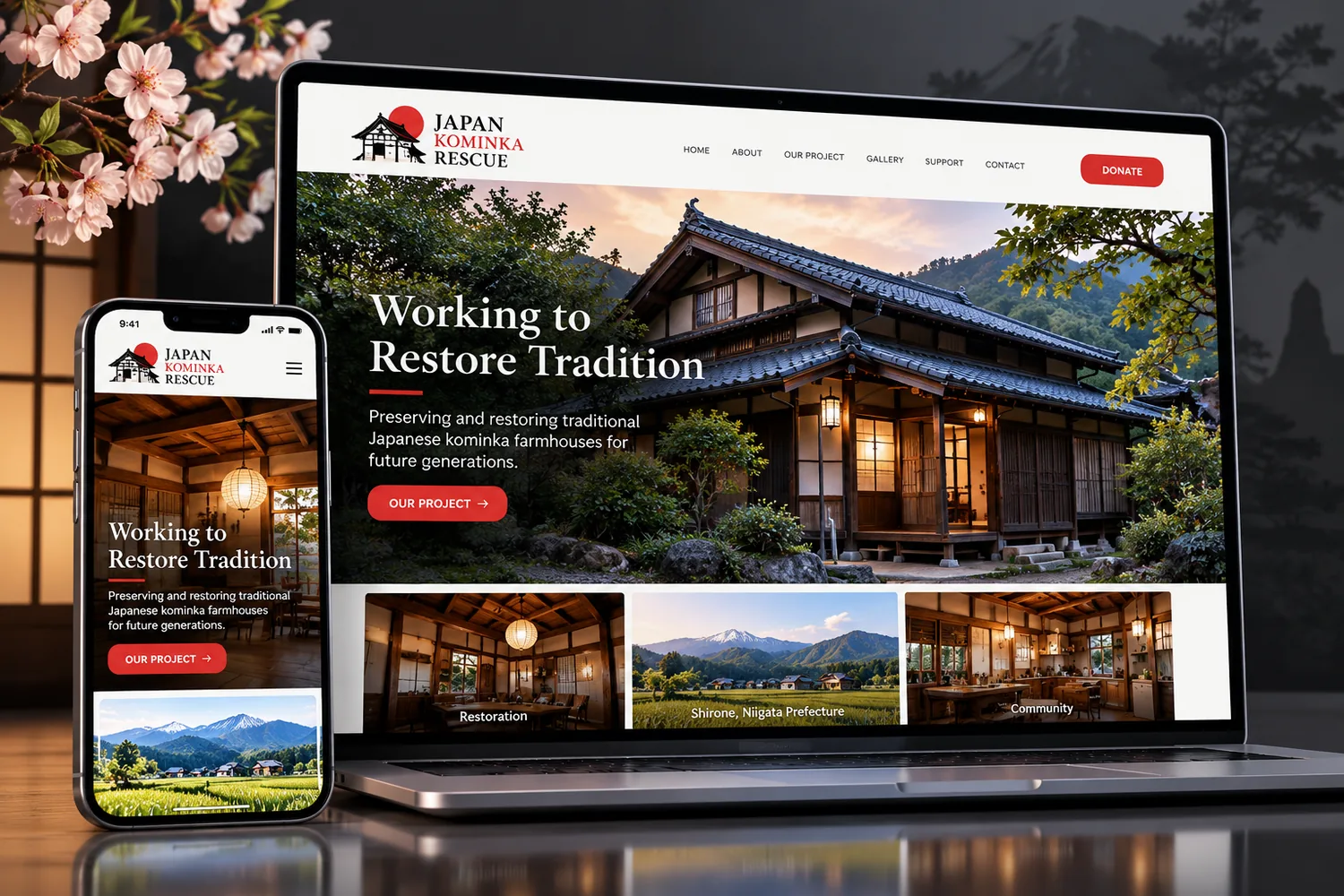 Japan Kominka Rescue website presented on desktop and mobile devices