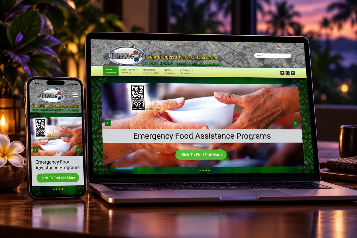 Hawaii Injured Workers Association website presented on a laptop and smartphone