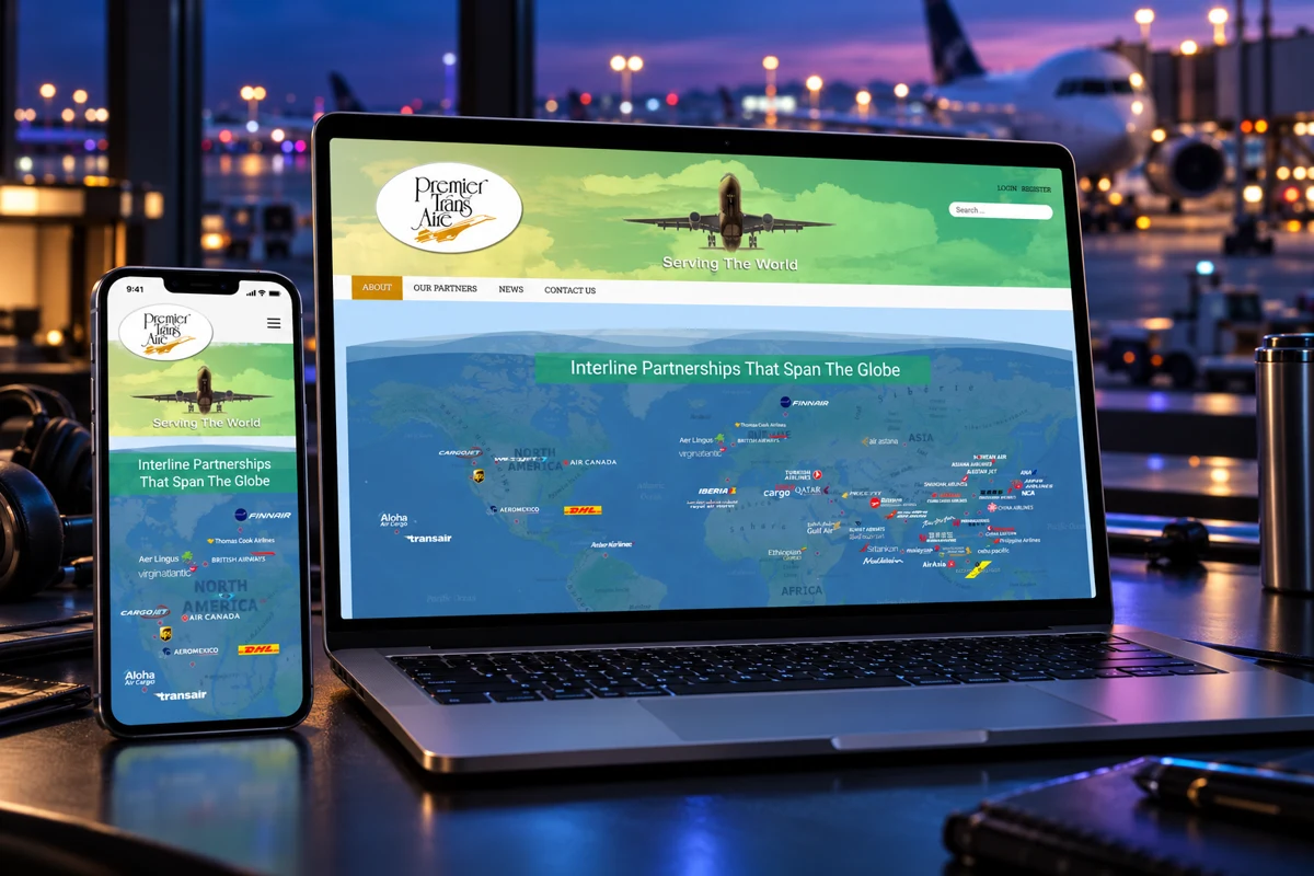 Premier Trans Aire website presented on a laptop and smartphone